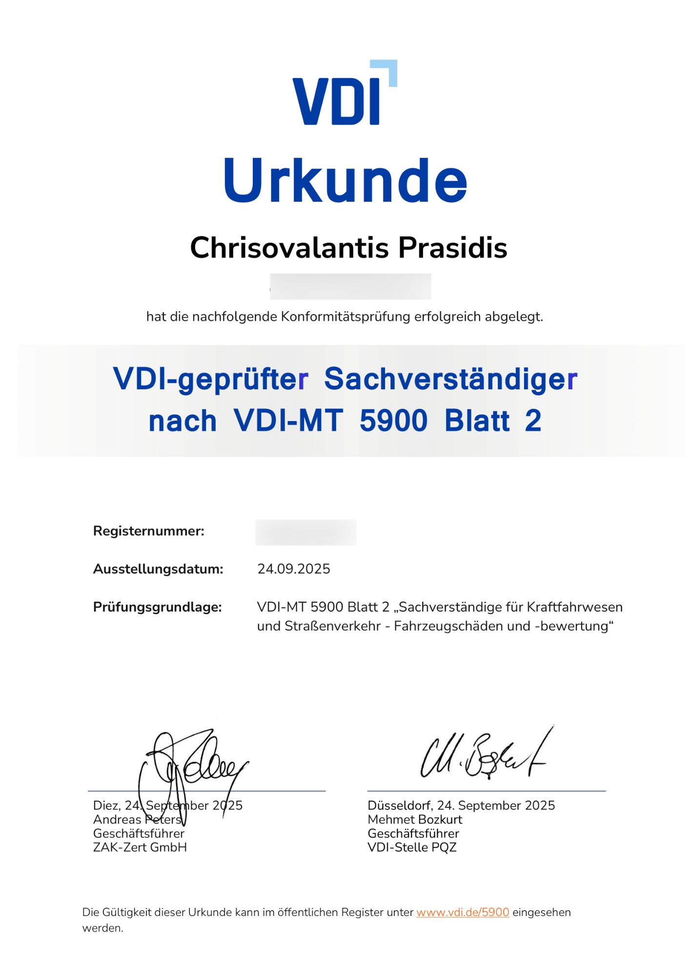 VDI 5900 Urkunde